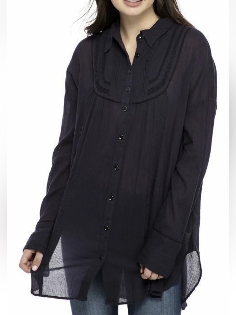 Free People We The Free Amore Cotton Gauze Long Sleeve Shirt Navy Blue Large